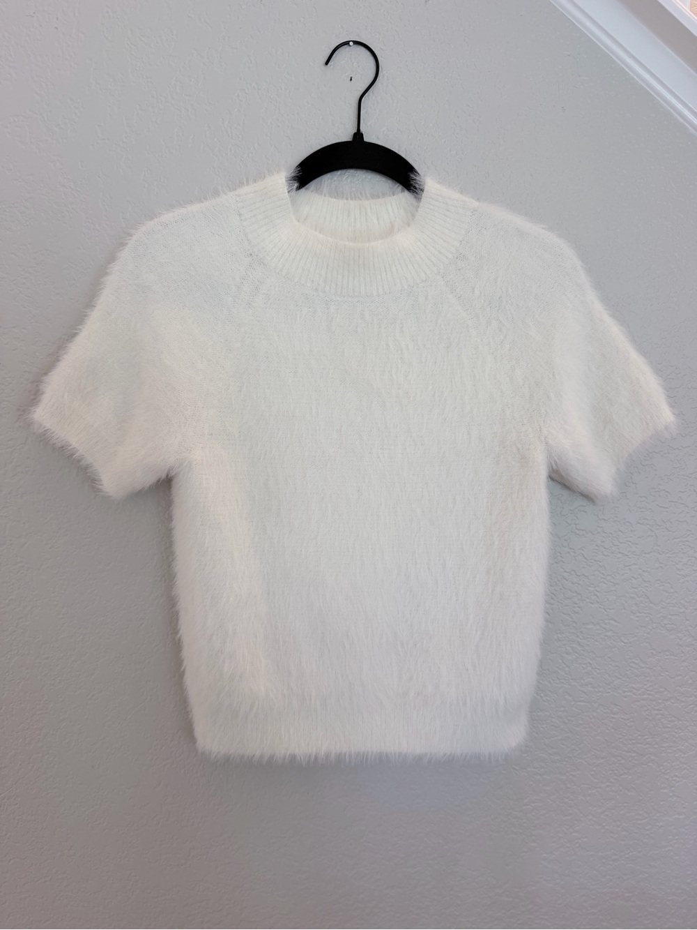 Pilcro Anthropologie Fuzzy Fluffy Mock Neck Short Sleeve Sweater - White, Size S